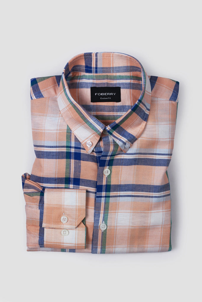 Orange Blue Plaid Cotton Linen Shirt - Foberry