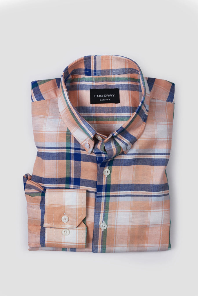 Orange Blue Plaid Cotton Linen Shirt - Foberry