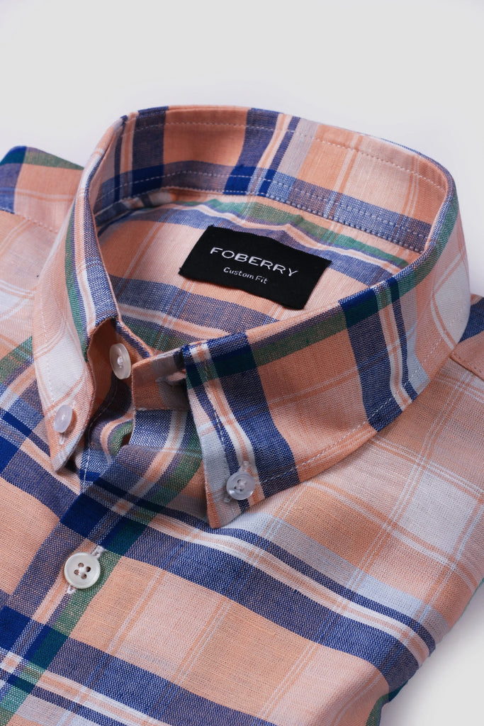 Orange Blue Plaid Cotton Linen Shirt - Foberry