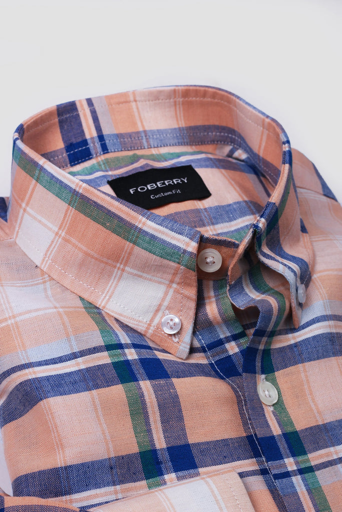 Orange Blue Plaid Cotton Linen Shirt - Foberry