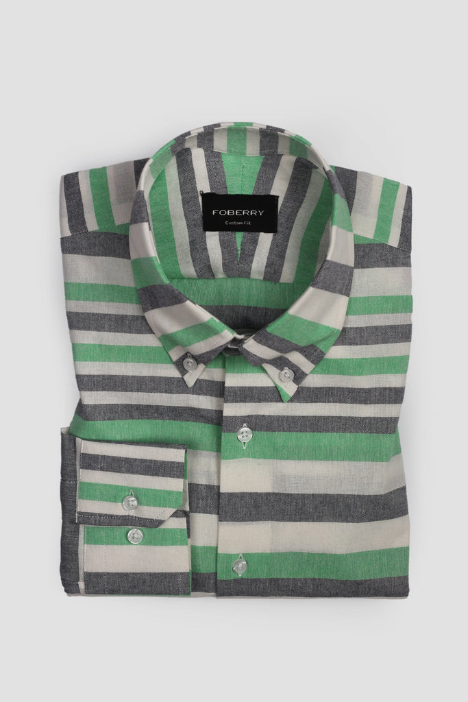 Green Horizontal Striped Linen Shirt Foberry