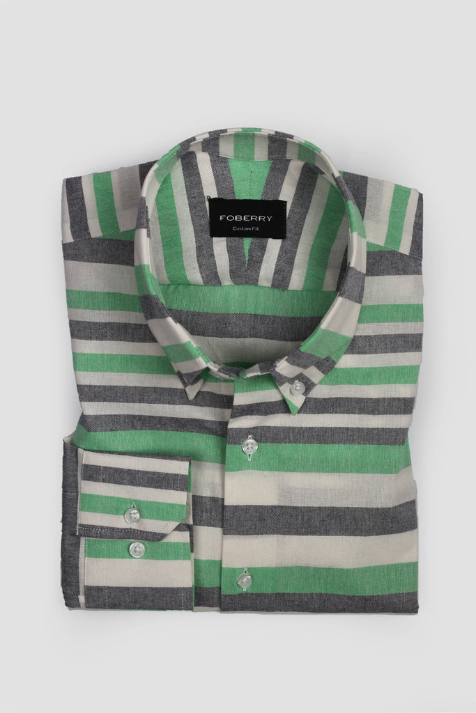 Green Horizontal Striped Linen Shirt Foberry