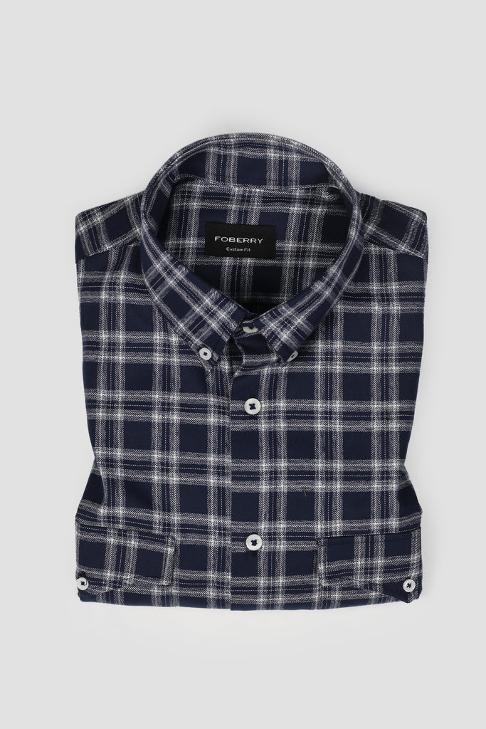 Blue White Distress Checkered Flannel Shirt