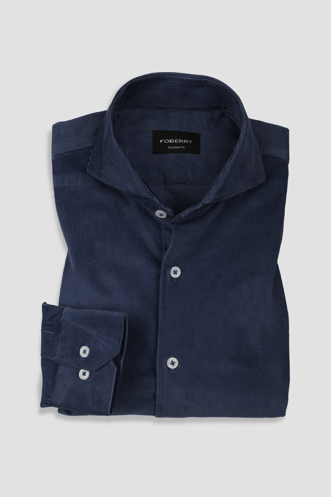 Steel Blue Corduroy Shirt - Cut Away Extreme Collar