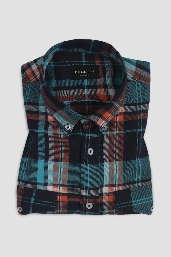 Orange Blue Tartan Winter Flannel Shirt