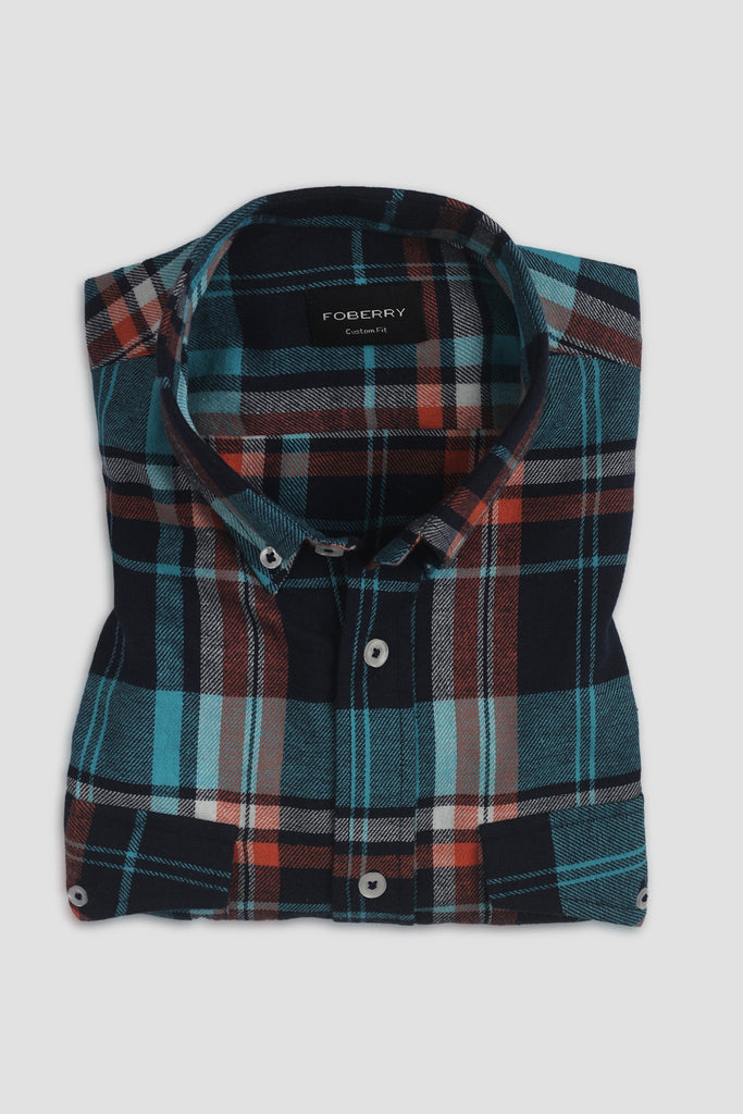 Orange Blue Tartan Winter Flannel Shirt