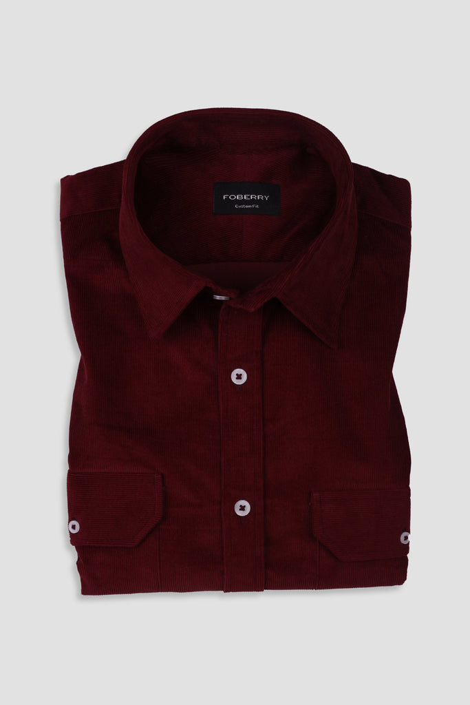 Burgundy Corduroy Shirt - Classic Straight Collar