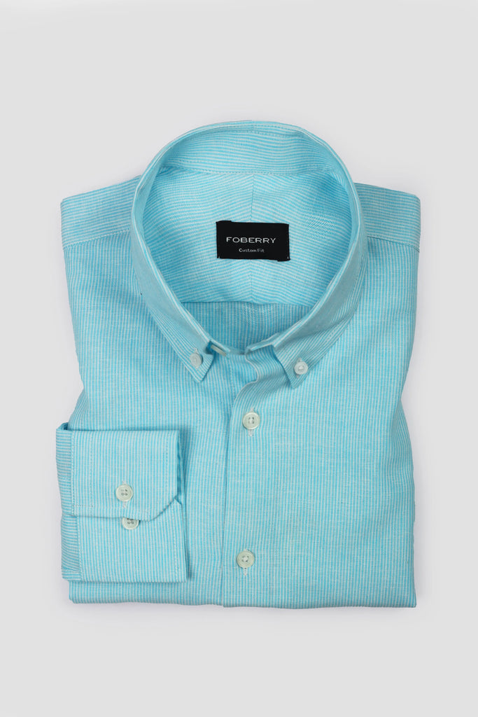 Aqua Pinstriped Irish Linen Shirt - Foberry